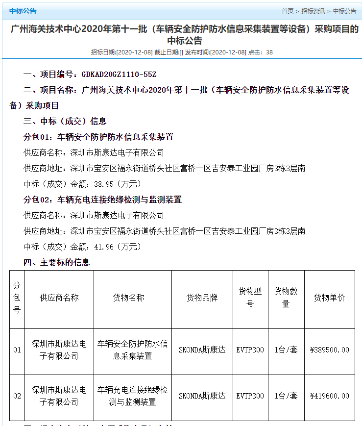喜報|斯康達電子中標“廣州海關技術中心 2020年第十一批（車輛安全防護防水信息采集裝置等設備）采購項目”(圖2)